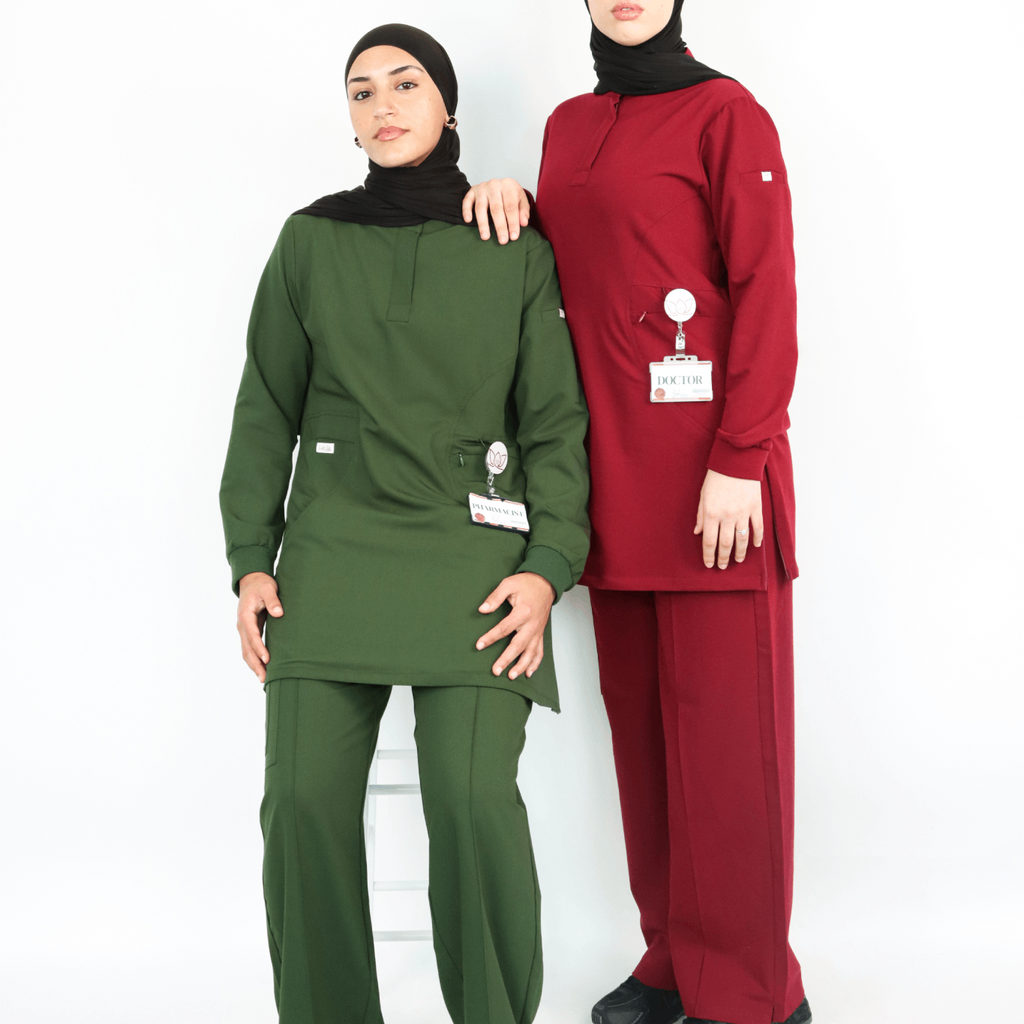 Modest Medical Scrubs – Hunter and burgendy Green Modest Medical Uniform for Muslim Women Doctors & Nurses