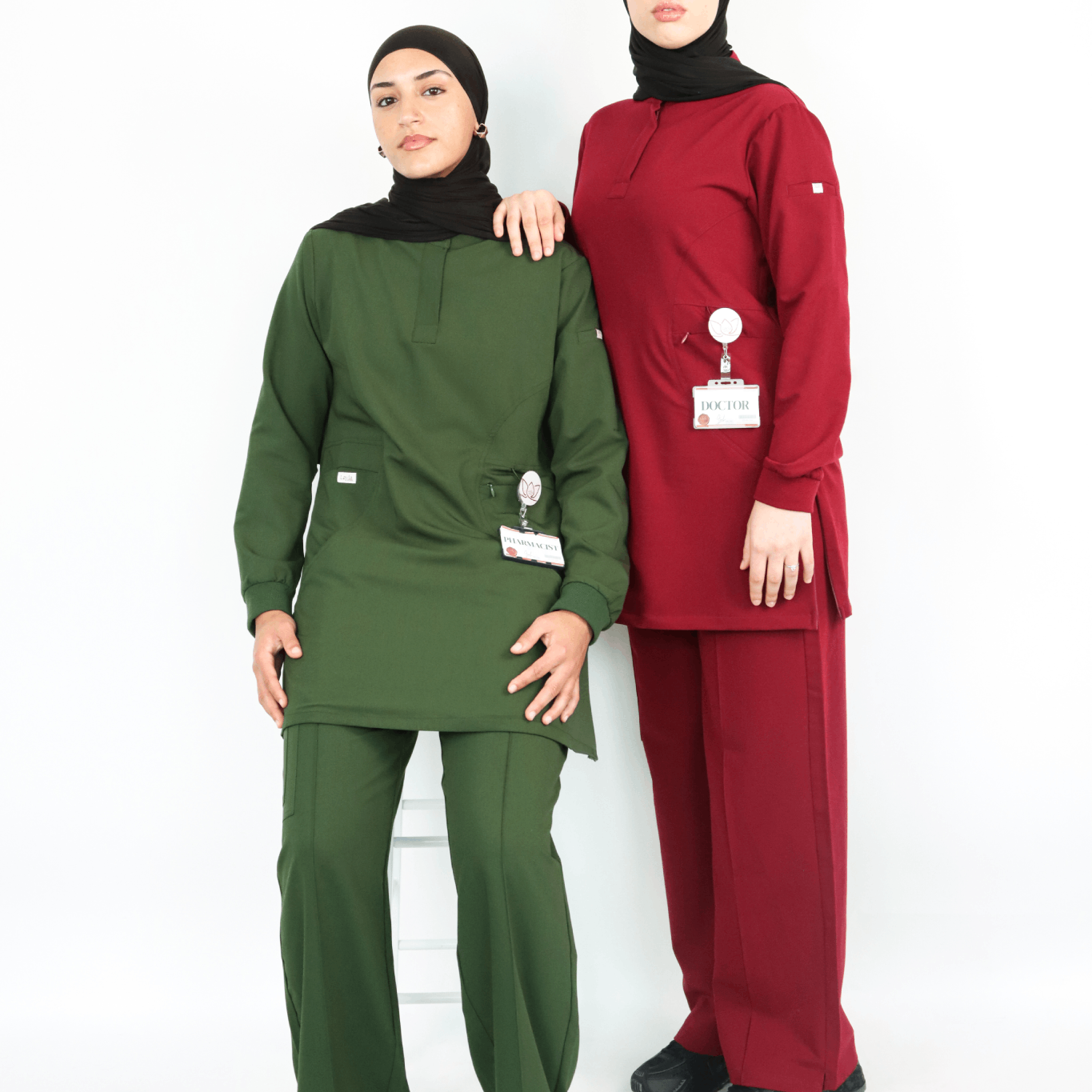 Modest Medical Scrubs – Hunter and burgendy Green Modest Medical Uniform for Muslim Women Doctors & Nurses