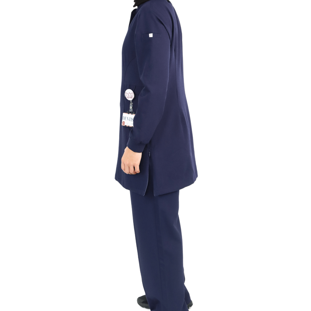 Modest medical uniform scrubs -  navy medical scrubs with a long top, hijabi-friendly design for women doctors and nurses in the UAE and UK.