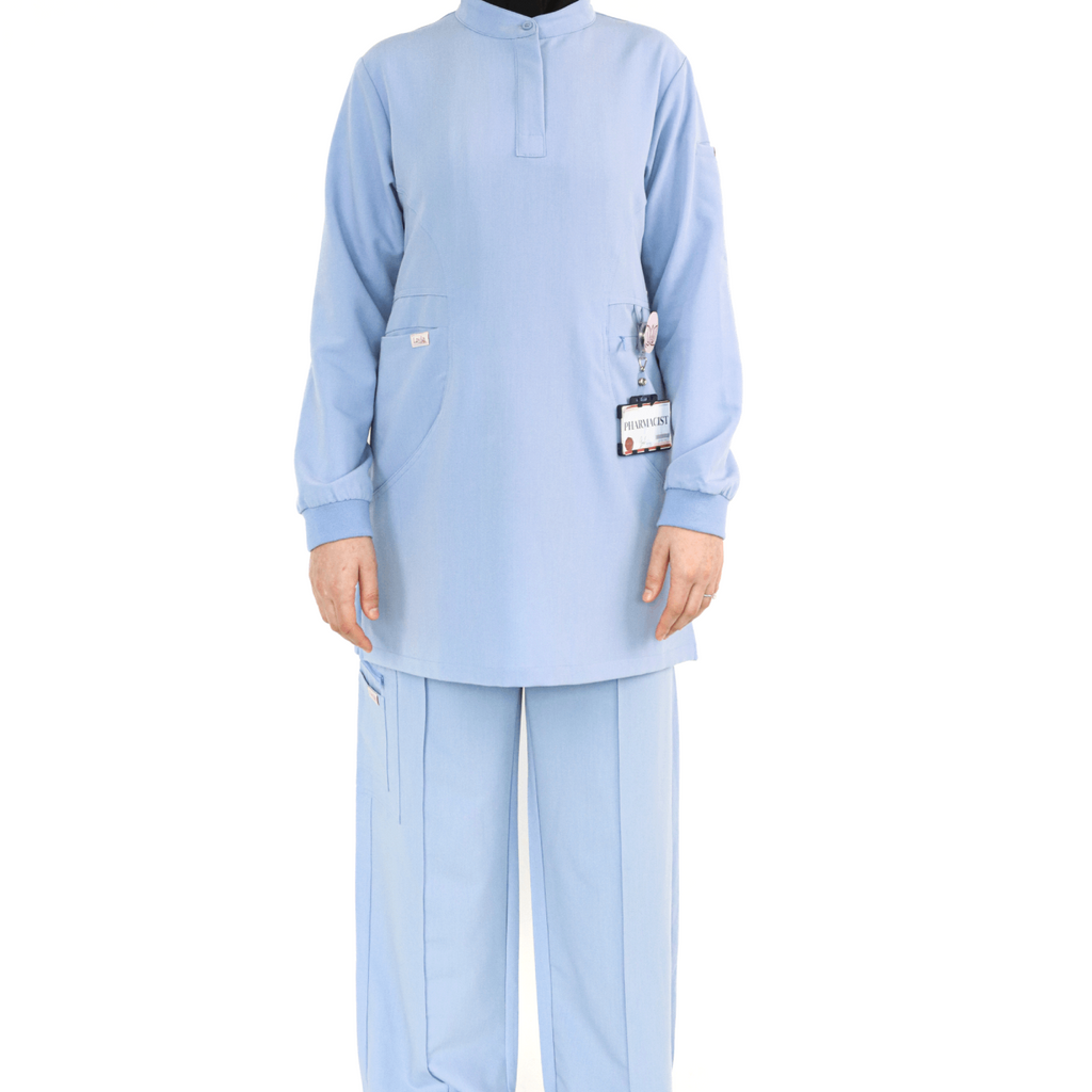 Modest hijabi-friendly medical scrubs in BLUE  designed for women healthcare professionals in the UK and UAE.