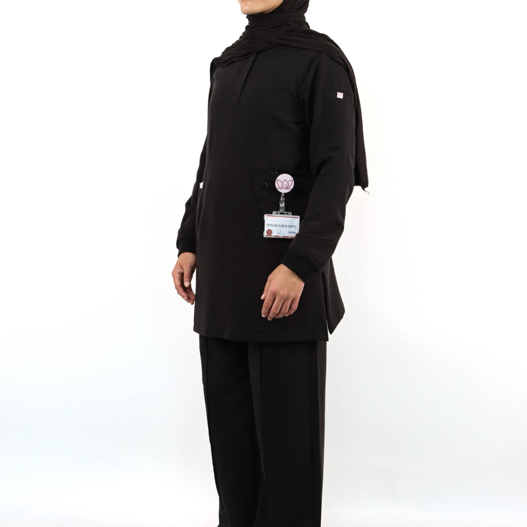Black scrub set with modest hijabi-friendly scrubs hospital uniform design for modest women.