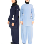 Navy and Blue modest hijabi-friendly scrubs for women doctors in UK and UAE healthcare settings.